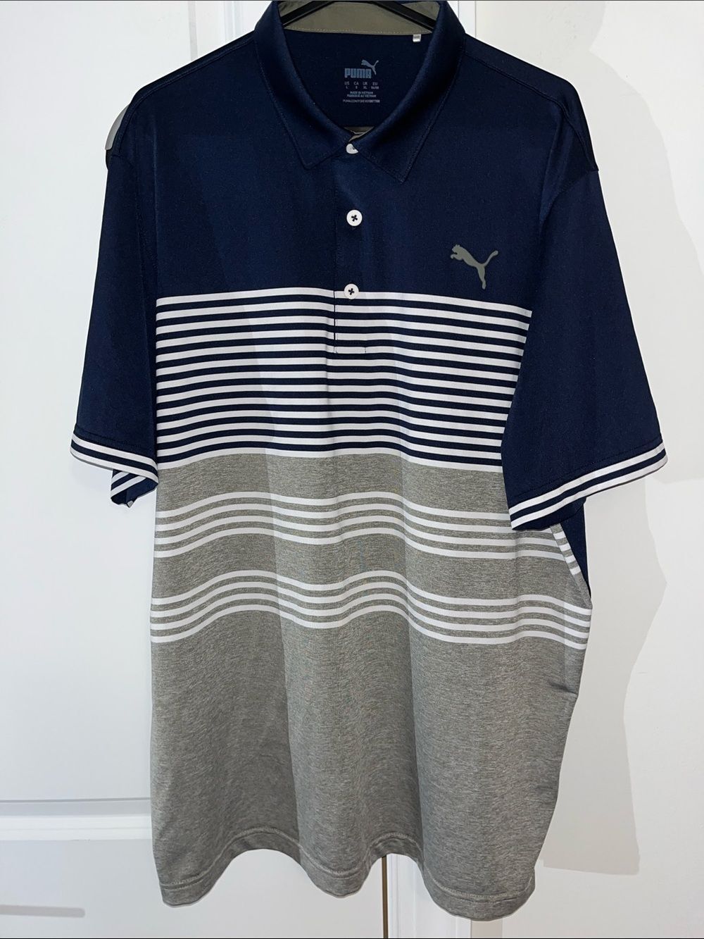Incredible Puma Cat Golf Shirt L Blue White Gray Stripe Polyester Rickie Fowler